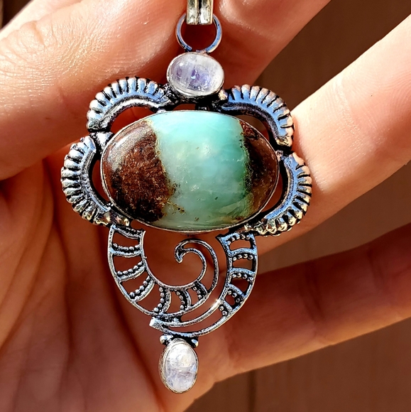 New Chrysoprase & Rainbow Moonstone 925 Silver Pendant - Picture 15 of 16